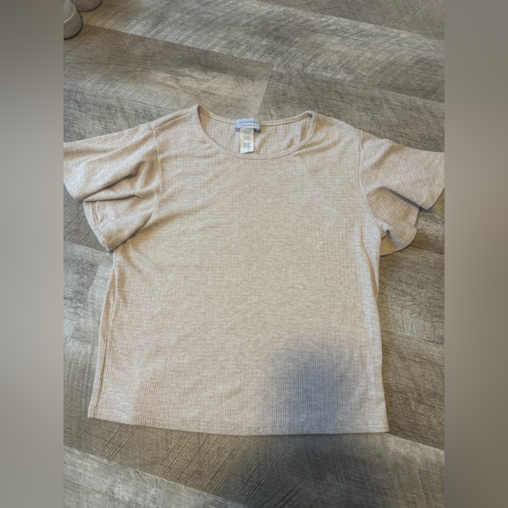 Home Girl Society size LARGE cream, short ‘petal’ sleeve top, skinny rib fabric